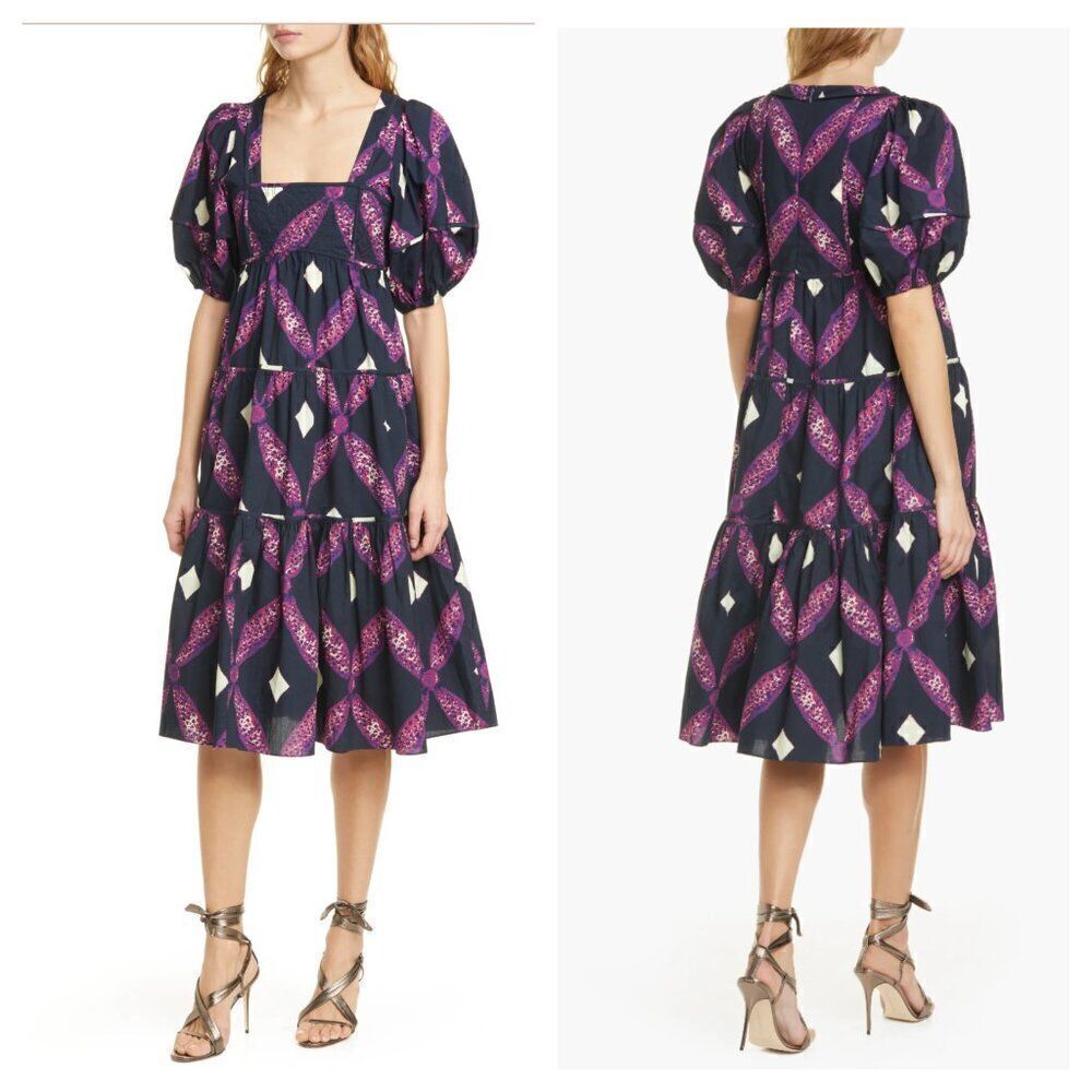 NEW Ulla Johnson Nora Puff Sleeve Midi Dress Square Neck Tiered Black Women's 4